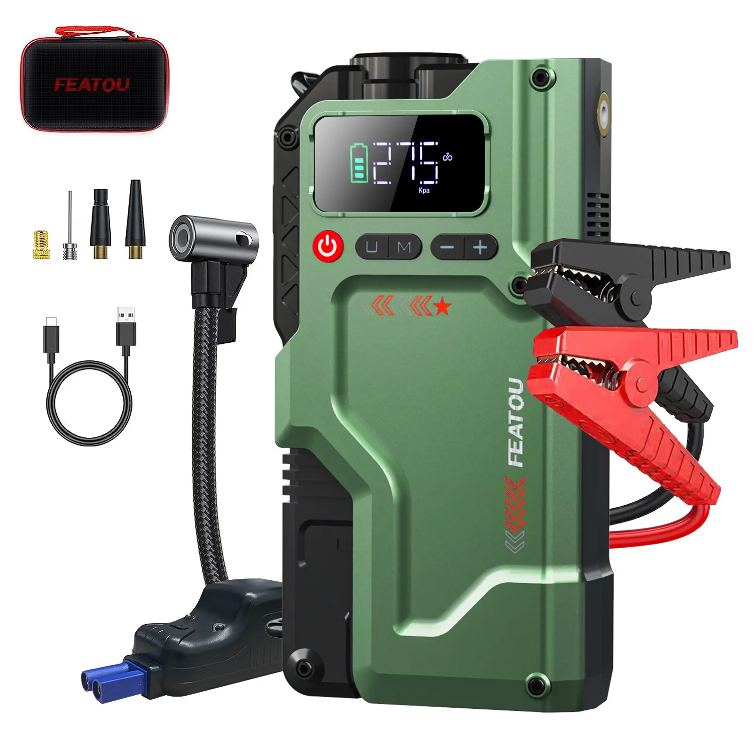 Featou 8000A Portable Jump Starter with Air Compressor (ALLL Gas/10.0L Diesel), 12 V Car Battery Jump Box, 150PSI Tire Inflator, LED Light