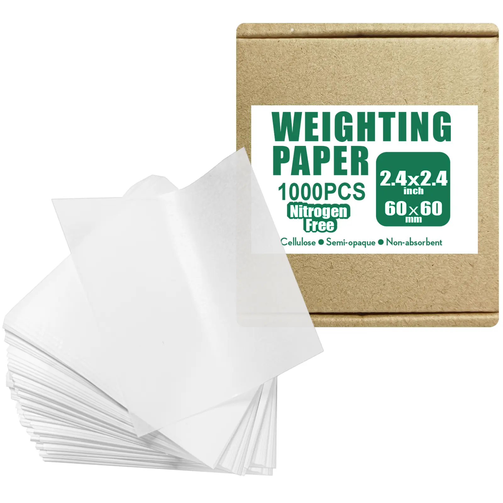 Nitrogen-Free Cellulose Sample Weighing Paper Sheets with Handle - 1000pcs, 2.4x2.4 Inch & Multi-Size, Smooth, Durable, Non-Absorbing, High-Gloss for Biology, Medical Field Lab Analytical Balance Powder Transfer