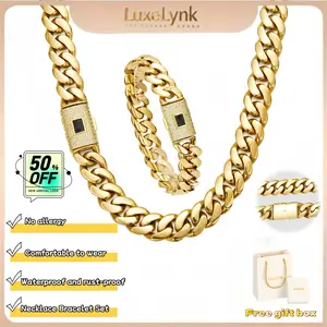 [Set]14k gold-plated Cuban necklace bracelet set, Miami style, 14mm thick size, new electroplating process, waterproof, rust-proof and scratch-proof treatment, comfortable to wear and non-allergenic, suitable for all kinds of occasions