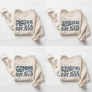 (LEAVE A NOTE OR DM SHOP) Retro Custom Zodiac EST. Year Sweatshirt - Sand Color, Minimalist Astrology Crewneck Pullover, Vintage Horoscope Sign Top, Unisex Birthday Gift for Her And Him, 90s Typography Style Outfit, Christmas Gift