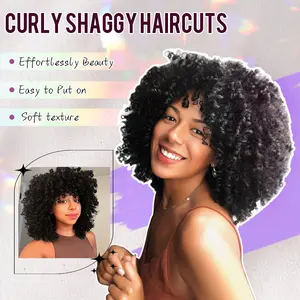 ROSMILE Curly Wig for Black Women with Bangs, Full Kinky Curly Afro Hair Wig Easy to Wear, Shoulder-length Synthetic Hair Wigs for Daily or Party Use Glueless Wig
