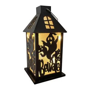 LumaBase Halloween Lantern - Spooky Black Wooden Decoration Set with Dry Battery-Powered LED Lights, Fairy String Lights, Reflective Panels, Accessory Hook, Ornaments for Indoor Use