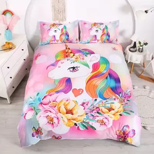 3-Piece Decorative Bedding Set (1 Fitted Sheet + 2 Pillowcases), Cartoon Unicorn Print, Zipper Closure, Bedroom Decor Gift, Bedsheet Sets, Bed Sheets Set