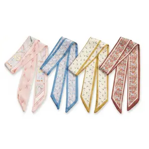 Floral Print Skinny Scarf for Handbag Handles, Silk-Satin Purse Ribbon Accessory, Elegant Bag Wrap & Hair Tie for Women, Versatile Decorative Neck Scarf
