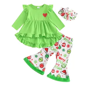 Canrulo Kids Baby Girls 3Pcs Christmas Outfits Long Sleeve Dress Tops + Flare Pants + Headband Set Toddler Clothes