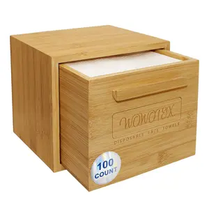 Bamboo Towel Container (Bamboo Box Towel Holder) with Disposable Face Towel Biodegradable Large Dry Face Wipes 100 Count Extra Thick Soft Clean Facial Towels for Facial Cleansing