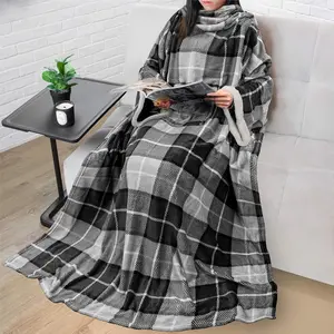 Fleece Blanket with Sleeves for Women Men Adults, Wearable Blanket Warm Soft Plush, Snuggle Pocket Sleeved TV Throw Wrap, Cozy White Elephant Gifts Ideas for Mom Wife, Plaid Gray