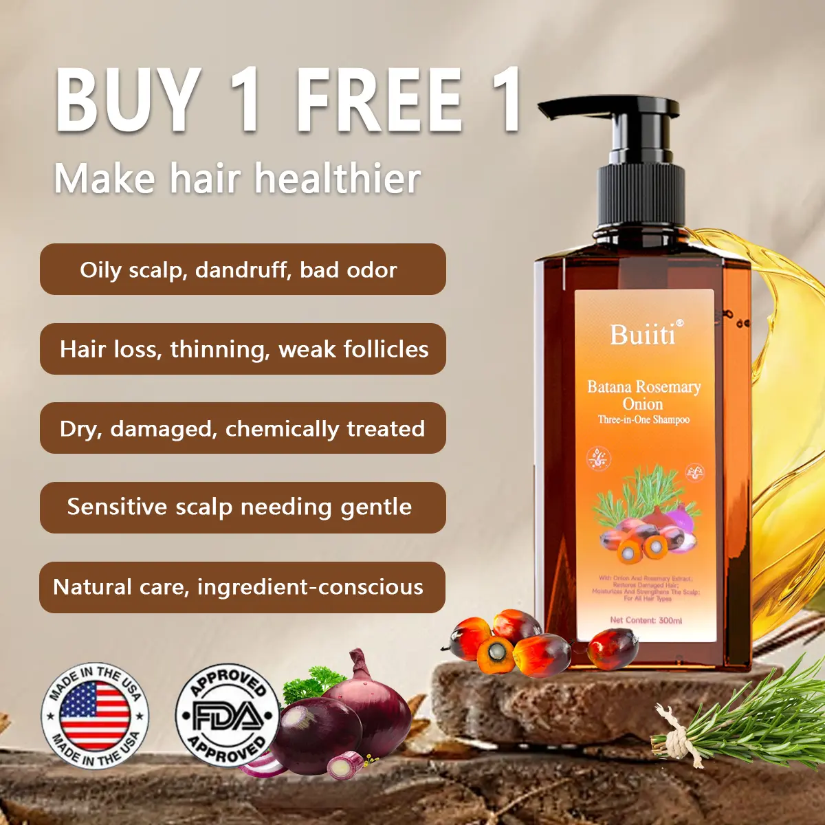 【Buy 1 Get 1 Free】Buiiti batana Rosemary & Onion Shampoo- 3-in-1Nourishing & Volumizing Haircare for Men & Women |Reduces Hair Loss, Repairs Damage & Promotes NaturalGrowth(300ml)