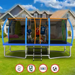 Mersco 8x14FT Unisex Outdoor Rectangle Trampoline - ASTM Certified Steel Frame, Curved Poles, Pumpkin Design, Soccer Net, Storage Bag, Green & Blue, Durable, Safety-Focused Sports Toy