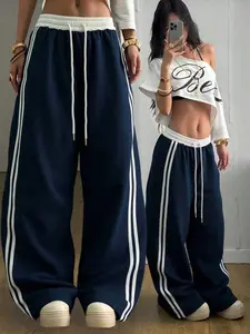 Women's Loose-Fitting Wide-Leg Sweatpants with Retro New York Print, Striped Casual Sports Pants for All Seasons, Ideal for Outings and Campus Wear
