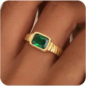 Birthstone Gold Rings for Women Non Tarnish Vintage Chunky Gemstone Emerald Rings 14K Gold Plated CZ Signet Thumb Rings Band Jewelry Gift for Birthday Size 6-11