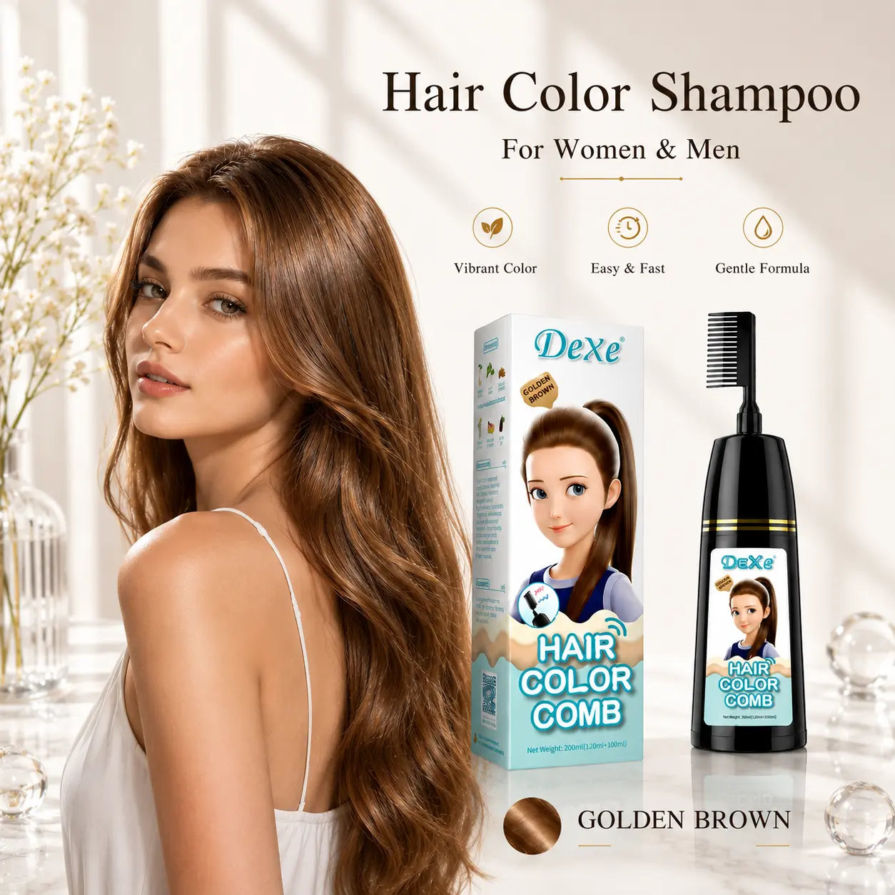Home Use Integrated Comb Semi-Permanent Hair Dye Cream - Plant Essence, Mild, No Damage, Long-Lasting Fade-Resistant, Ash Brown & Ash Blonde Highlights Color Fixation