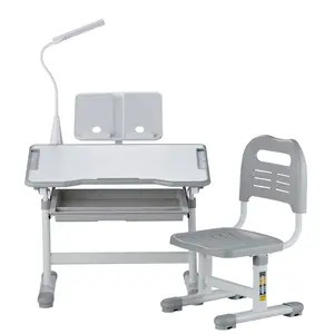 VEVOR Child-Sized Desk Chairs & Study Set, Ergonomic Kids Chair with Adjustable Height, Tilted Desktop, Storage Organization & Table Lamp, Grey (Father's Day Gift)