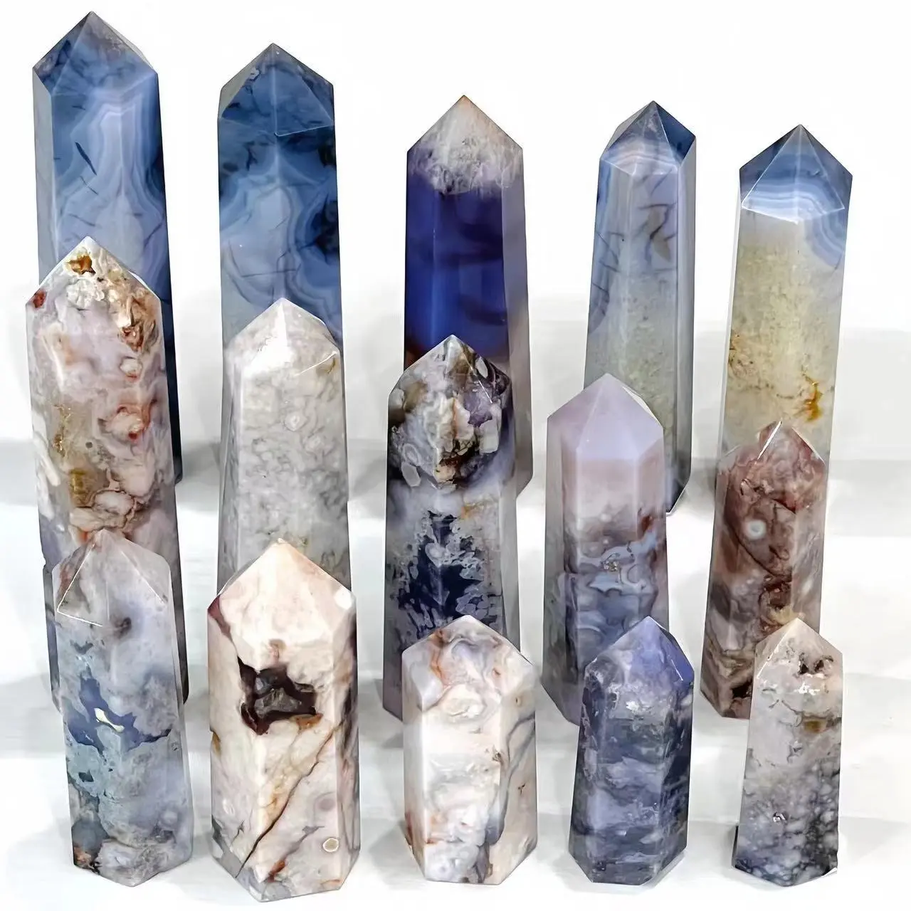 Blue Cherry Blossom Crystal Tower, Tall Natural Polished Point for Spiritual Healing, Meditation, and Home Decor, Agate Crystal