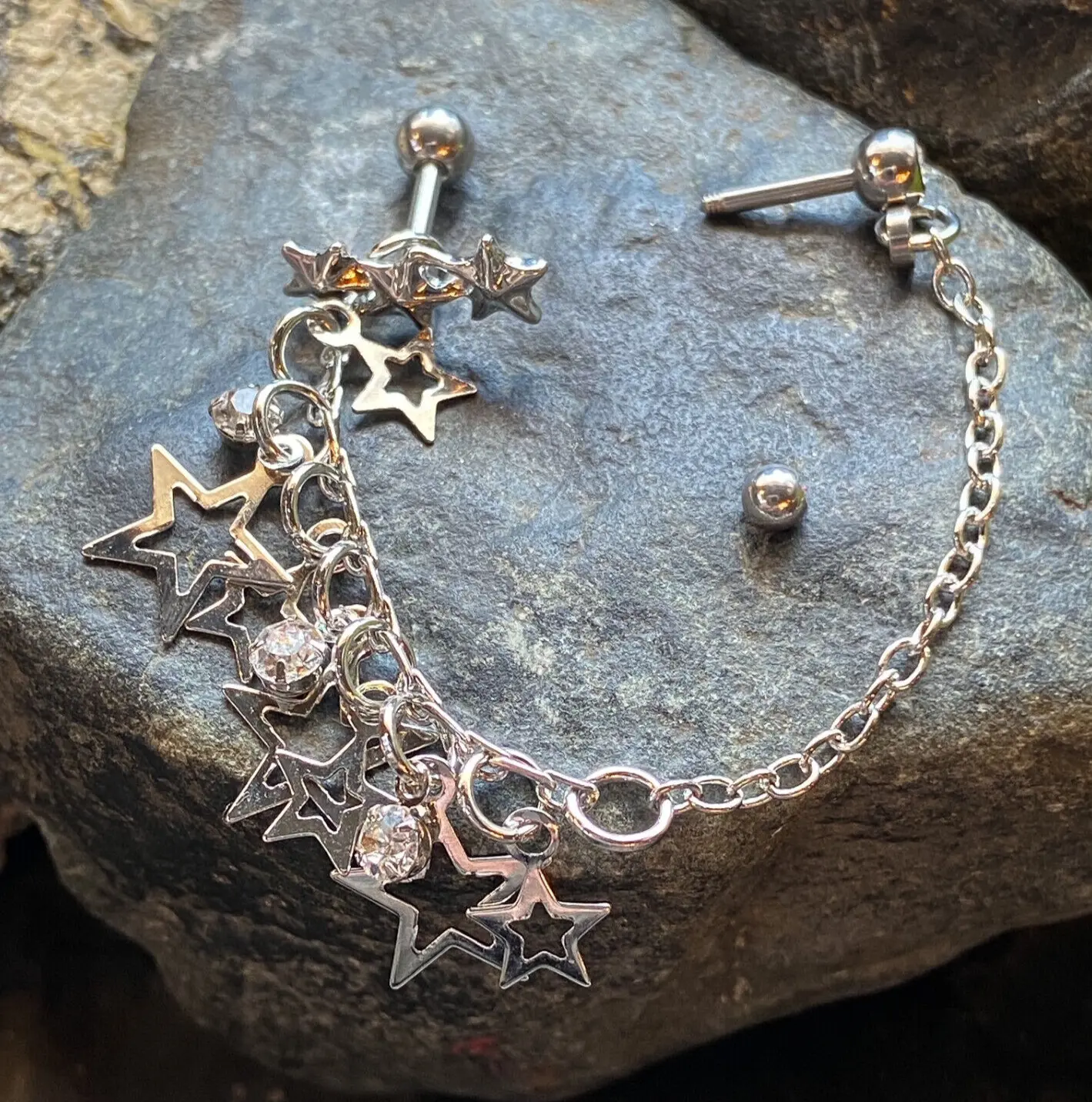 Triple Star Steel Chain Linked Stars Tragus Ring with Cartilage Helix Barbell