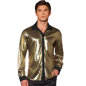 Lars Amadeus Men's Long Sleeves Button Down Party Disco Glitter Metallic Shirt Golden Large