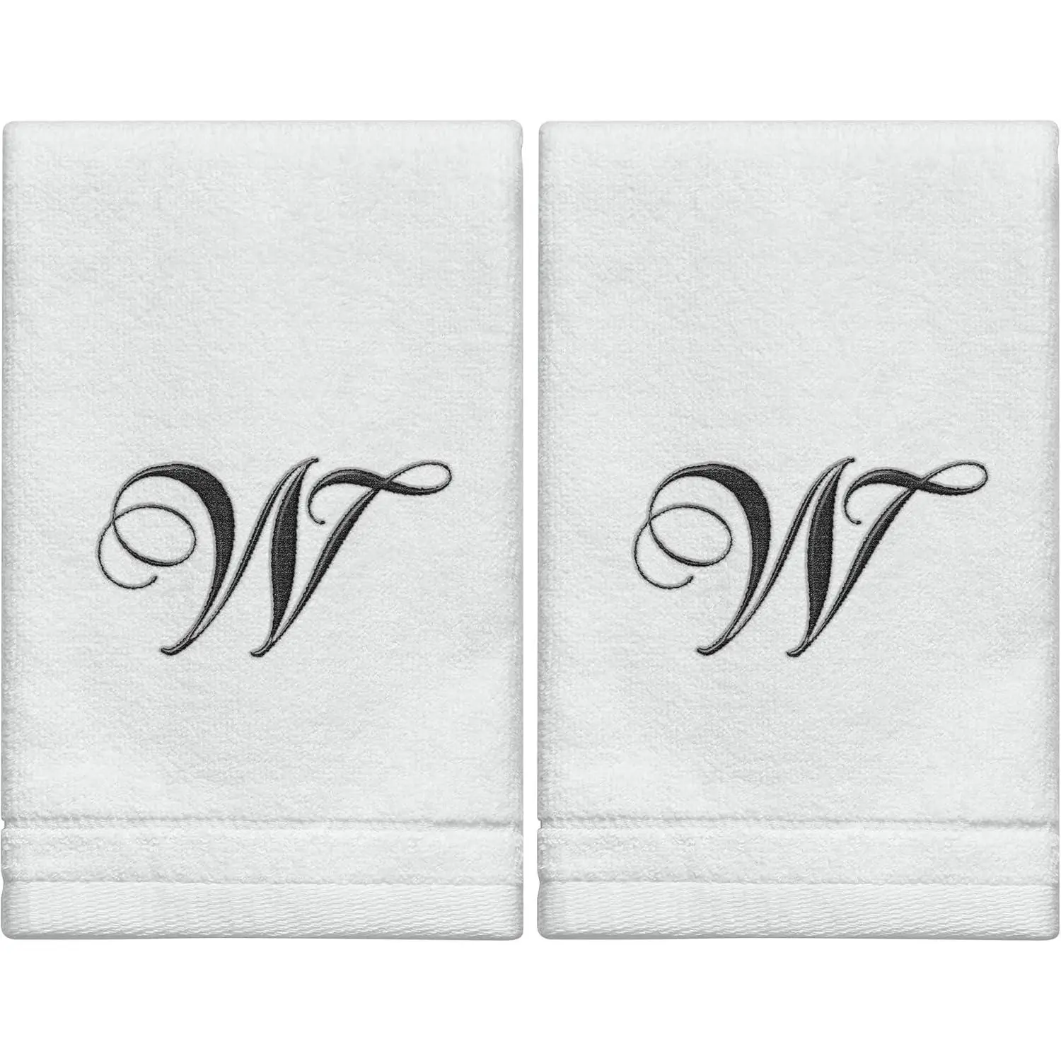 Monogrammed Towels Fingertip, Personalized , 11 x 18 Inches - Set of 2- Black Embroidered Towel - Extra Absorbent  Cotton- Soft Velour Finish - For Bathroom/ Kitchen/ - Initial W (White)