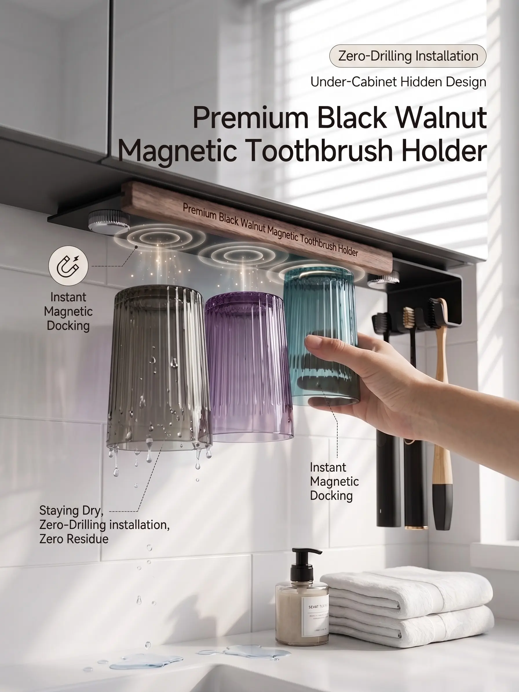 Premium Walnut Wood & Matte Aluminum Magnetic Toothbrush Rack, Inverted Self-Draining Glassware Holder System, No-Drill Hidden Wall Mount Bathroom Vanity Organizer Wooden Wooden Wooden