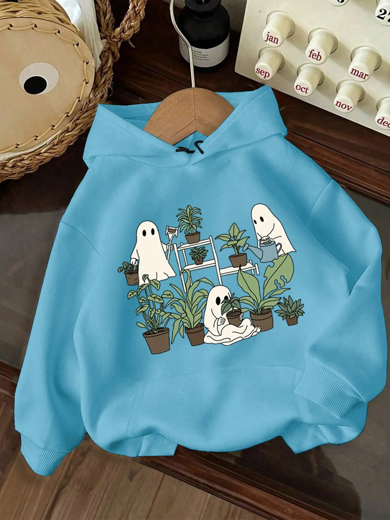 Women's Halloween Cartoon Soul Graphic Long Sleeve Hoodie, Sweatshirts, Knit Loose Fit Comfortable Home Wear, Ghost Plant Print, Perfect Holiday Decoration