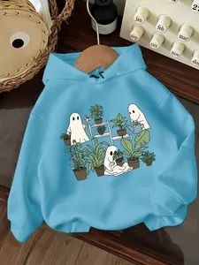 Women's Halloween Cartoon Soul Graphic Hoodie, Sweatshirts, Knit Loose Fit Comfortable Home Wear, Ghost Plant Print, Perfect Holiday Decoration