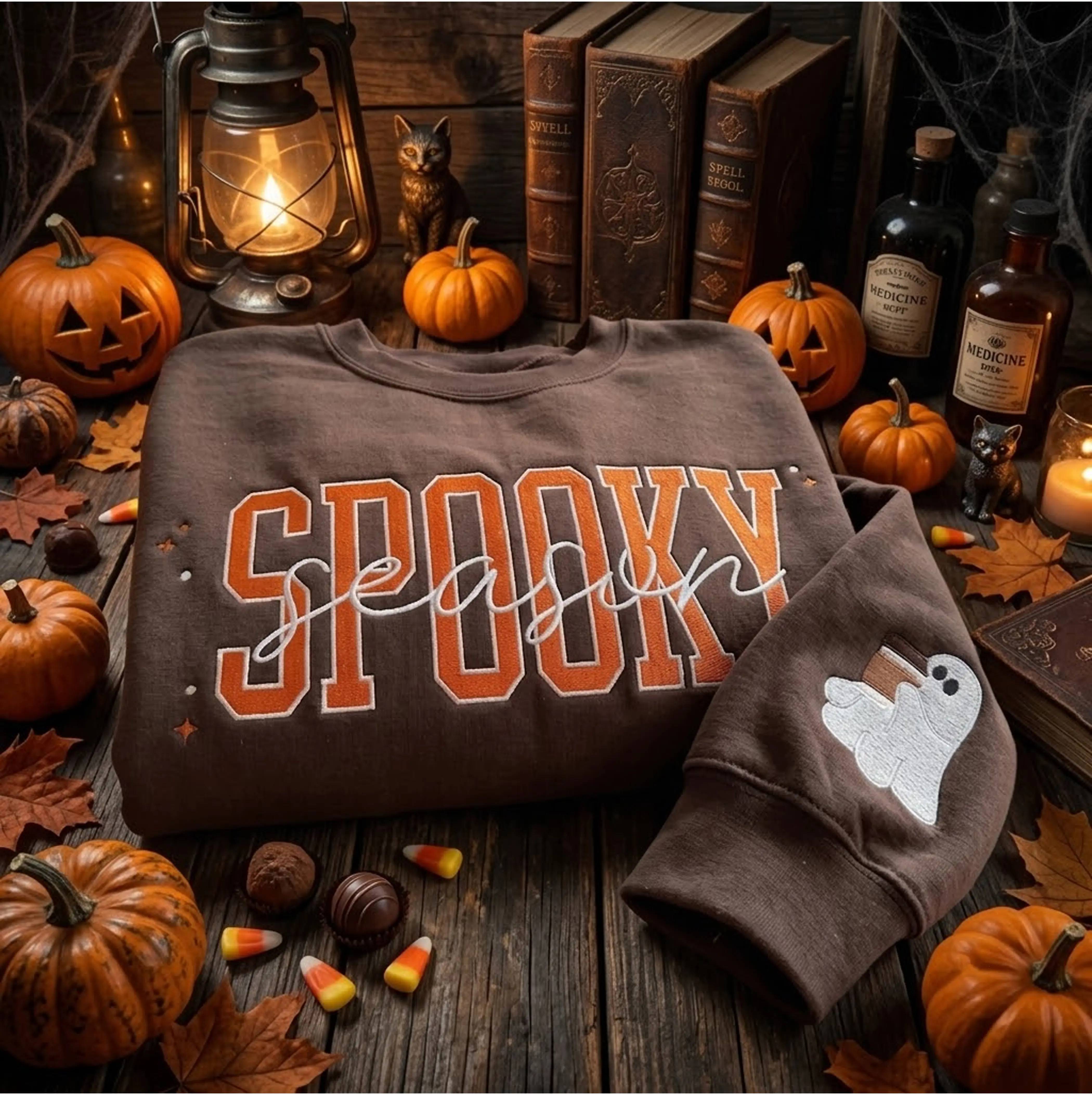 Halloween Spooky Season Hoodie – Embroidered Fall Leaves Sweatshirt | Cozy & Cute Autumn Gift