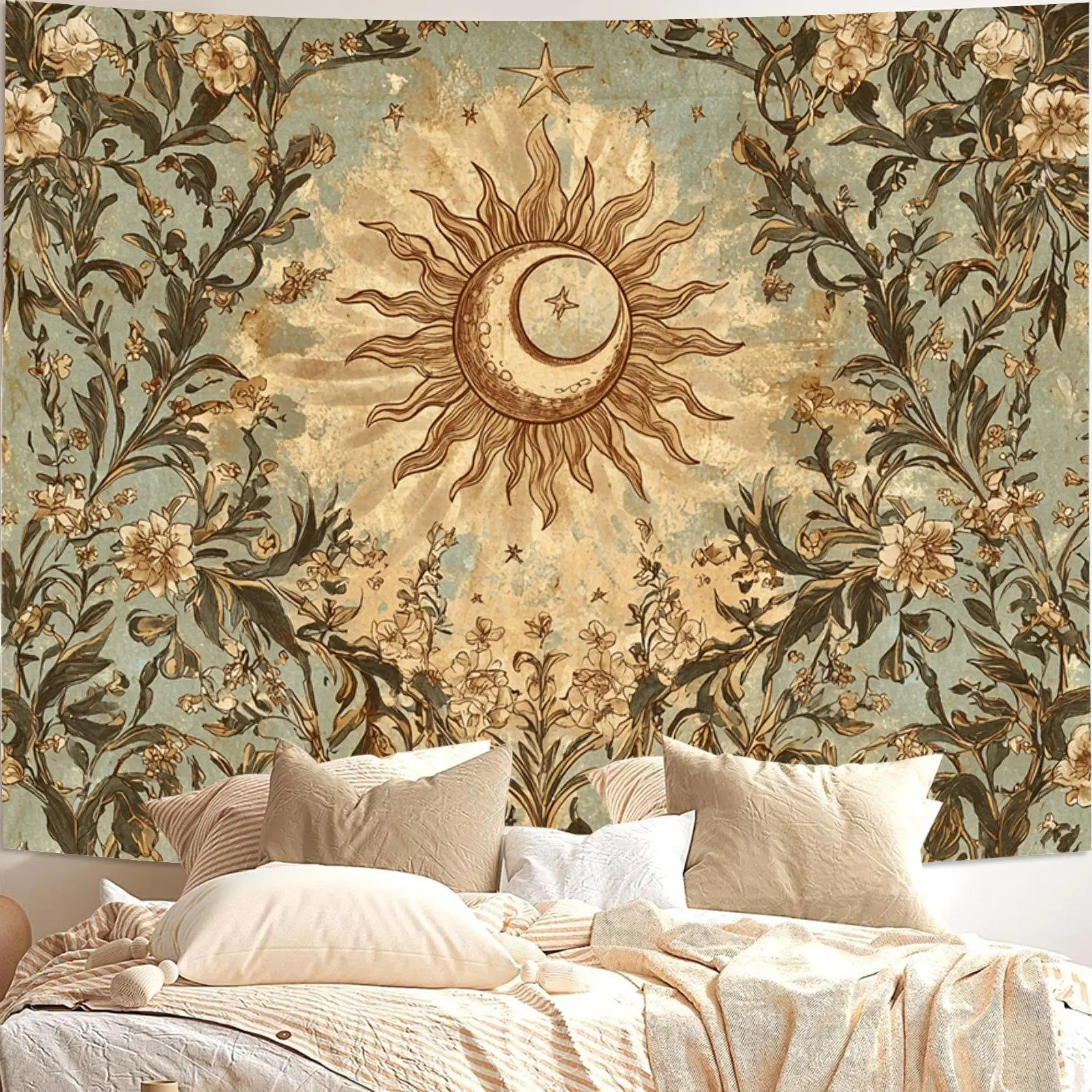 [Vintage Bohemian Tapestry] Sun and Moon Tapestry Vintage Bohemian Wall Hanging Sun Moon Floral Vintage Mystical Scene Tapestry Large Polyester Canvas, Aesthetic Tapestry Wall Hanging for Living Room Bedroom Dorm Room Home Decor