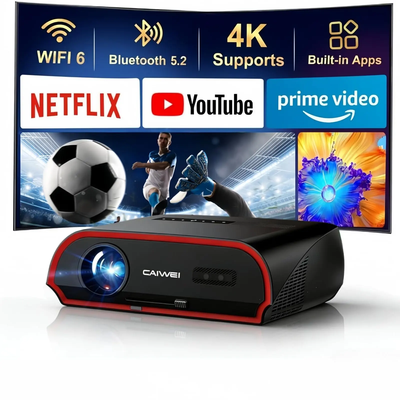 1800ANSI Daytime Projector Ultra HD 4K Smart Projector with WiFi Bluetooth Apps HDMI ARC USB Lan Port for Indoor Outdoor Movie Gaming TV Sports Audio Space Home Wireless Projector Home Projector Watch