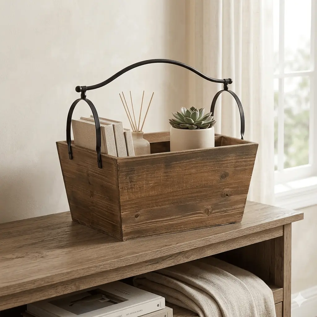 Wood Basket with Metal Handle