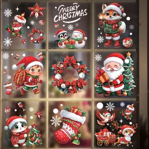 9sheets/set Red Christmas window stickers, static stickers, Sticker Decorations, Removable window decal of various Christmas character images used for Christmas decoration in homes and malls, reusable double-sided PVC stickers