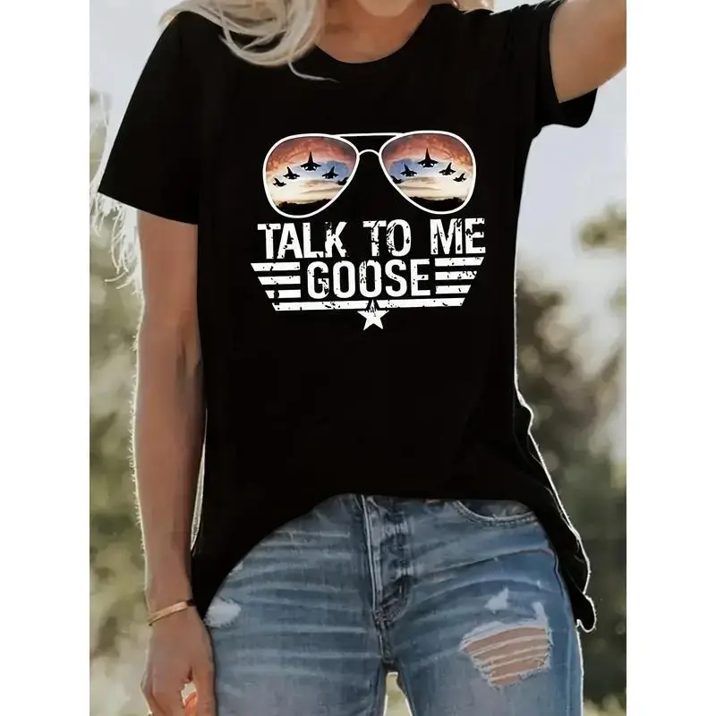 Women's Casual Crew Neck T-Shirt with "Talk to Me Goose" Graphic Print - Polyester 95%25, Spandex 5%25 Knit Fabric, Lightweight & Breathable Short Sleeve Top for Spring/Summer/Fall, Casual Wear|Fun Summer Shirt|Polyester Blend