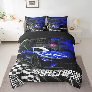 Feelyou 7-Piece Blue Race Car Microfiber Bedding Set - Bed-in-A-Bag for Boys, Including Breathable Blanket and Sheets