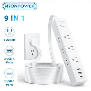 NTONPOWER Flat Extension Cord 15/25 ft, 1080J Surge Protector with Long Cord, 1625W Overload Protection, 6/12 Widely Outlets and 3 USB Ports(1 USB C), Ultra Thin Flat Plug Extension Cord for Home, Dorm Room