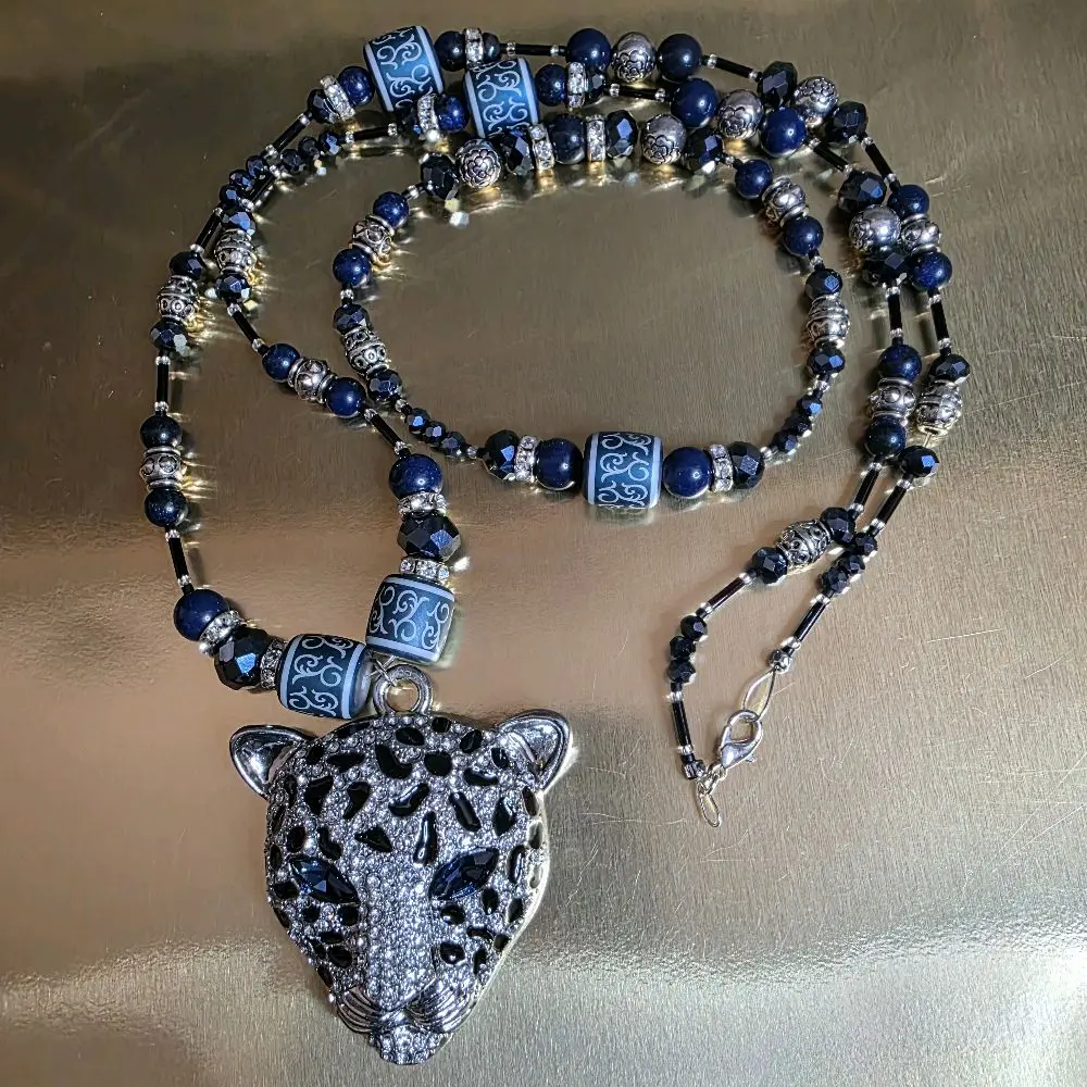 Gabriela Haller HigherKii Artique Chrome'n Blue Jag Jewelry Set with Jaguar Pendant and Beaded Necklace Set