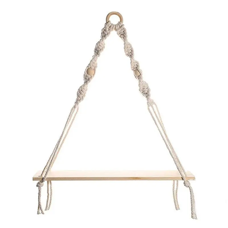 Macrame Wall Hanging Shelf - Boho Wood Wall Shelves with Wood Beads, Farmhouse Floating Shelf Rustic Hanging Plant Shelf
