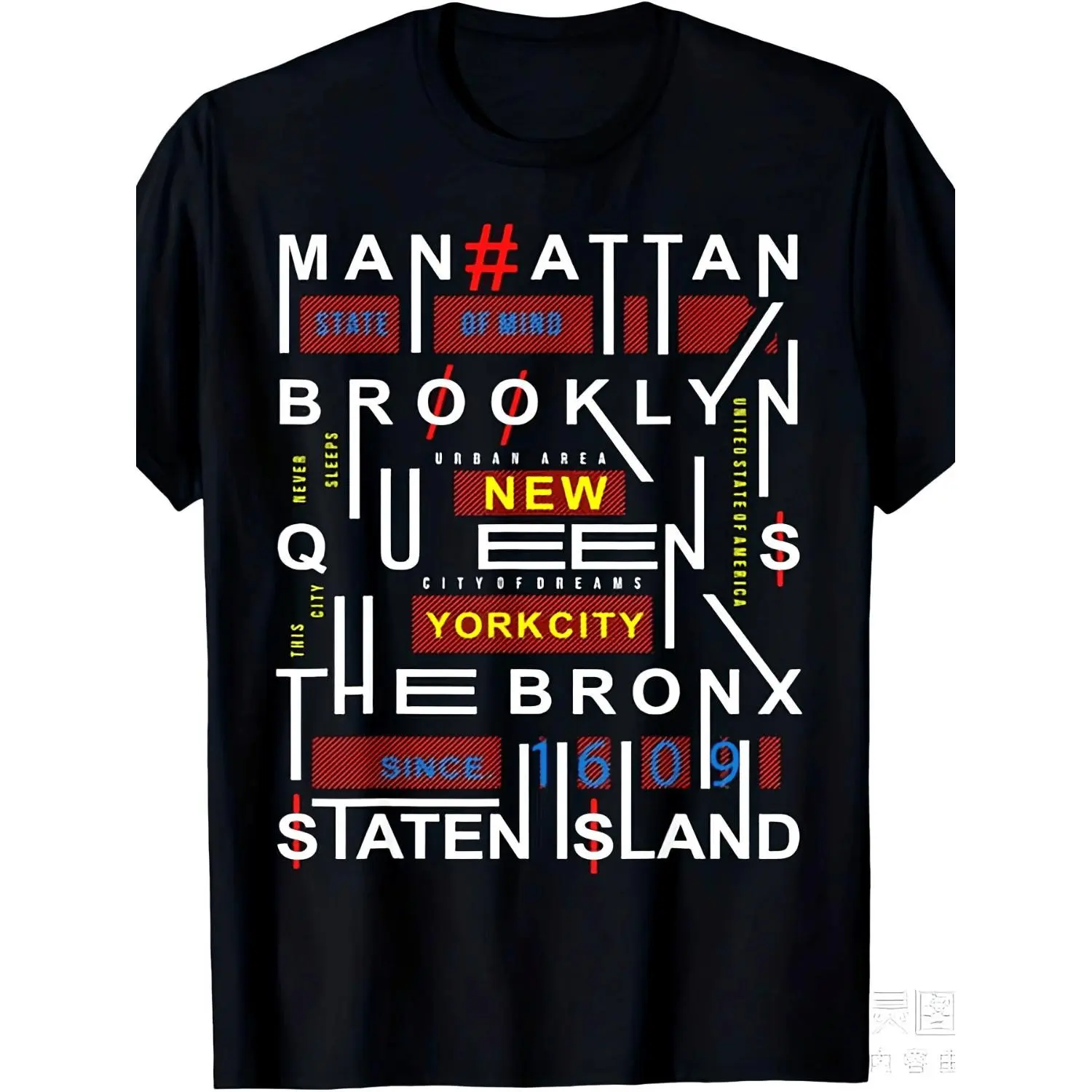 Women's Casual Short-Sleeve Graphic Streetwear Top, Unisex Vintage New York City District Map Pattern 220gsm Heavyweight Cotton T-Shirt Featuring Manhattan, Brooklyn, Queens, Bronx
