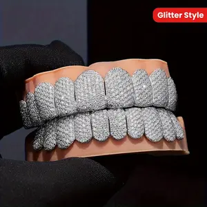 2 pcs/set 18K Gold Plated Plated Iced Out Hip Hop Grills - Micro Pave CZ Stones Teeth Caps for Men & Women, Sparkling Blingbling Party Music Festival Jewelry Gift for Halloween St. Patrick's Day Carnival, Holiday Teeth Caps, Luxurious Grill Design