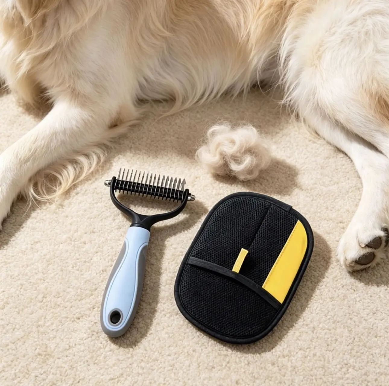 Pet Grooming Bundle Set - 2-in-1 Double-Sided Dematting Comb & Deshedding Brush, Fur Remover Glove - Undercoat Rake for Dogs/Cats - Removes Loose Hair, Tangles, Tangle-Free Fur - Furniture Tool with Storage Bag