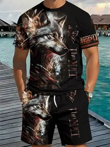 Dark Wolf Head Art 3D Digital Printed Two-piece Set, 2Pcs, Trendy Fashion Outfit, Trendy Retro Casual Two-piece Suit, Vacation-style Trendy Wear, Breathable Sports Casual Style, Perfect Festival Gift for Men