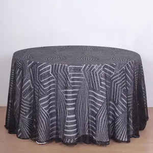 Sequin Round Tablecloth 120" Black with Diamond Glitz Design - Seamless Table Cover