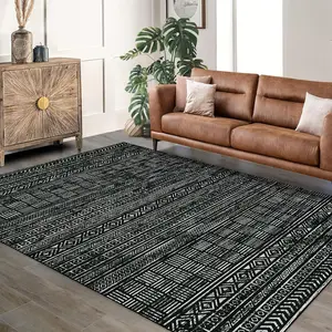 GARVEE Area Rug 10'x13' Boho Textured Design Living Room Non Slip Low-Pile Soft Tribal Print Bedroom Rug Stain Resistant Playroom Carpet Office Black