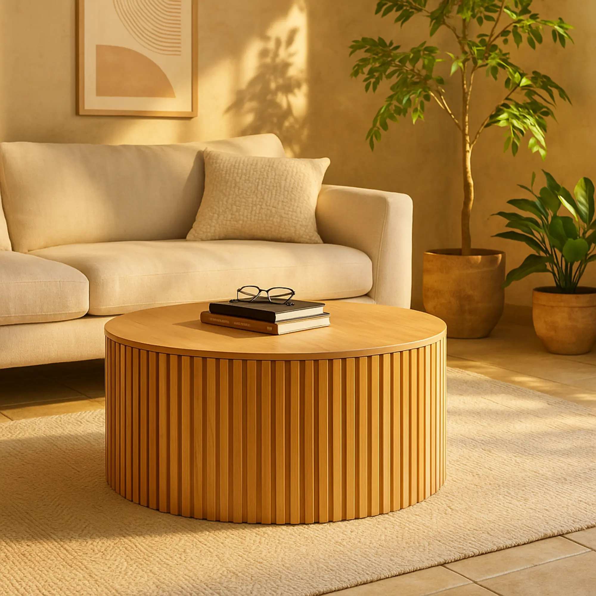 Handmade Modern Ribbed Design Wood Coffee Table - Fully Assembled, Slatted Base, Monochromatic Tones, 31.5l x 31.5w x 16.1h in, 34 lbs, 100 lbs Capacity, for Living Room, Bedroom Indoor Furniture, Expert Craftsmanship