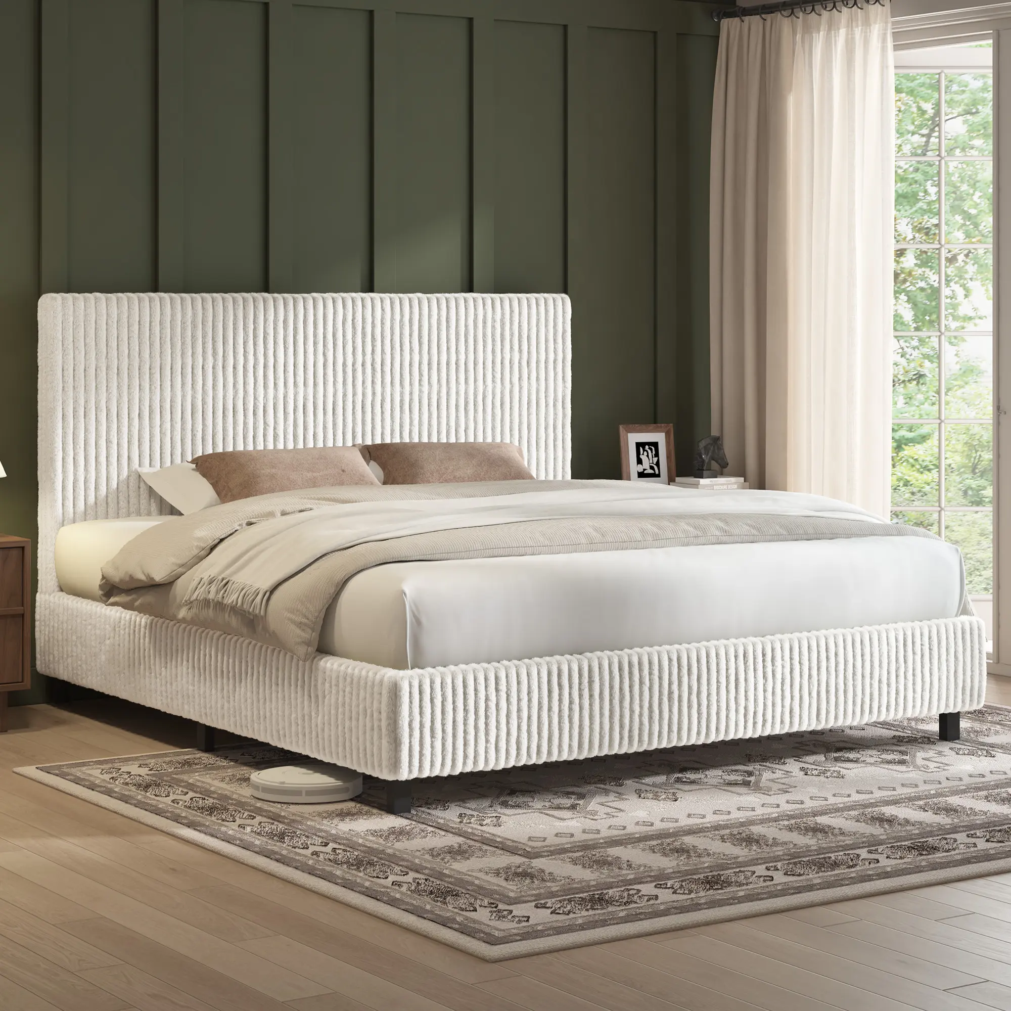 [Summerwins] [SummerFinds] AMERLIFE Upholstered Bed Frame, Corduroy Platform Bed with 3.5" Thick Gap-Free Headboard, Fully Padded, Metal Frame with Strong Slats, No Box Spring Needed