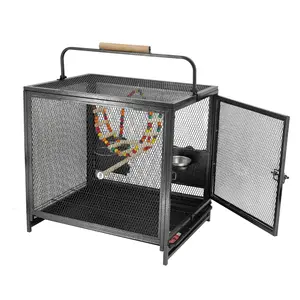 Bingopaw Bird Cage with Wooden Handle, Large Metal Bird Carrier for Parrots & Small Birds, Heavy Duty Iron Bird Cage with Food Bowls, Swing & Tray