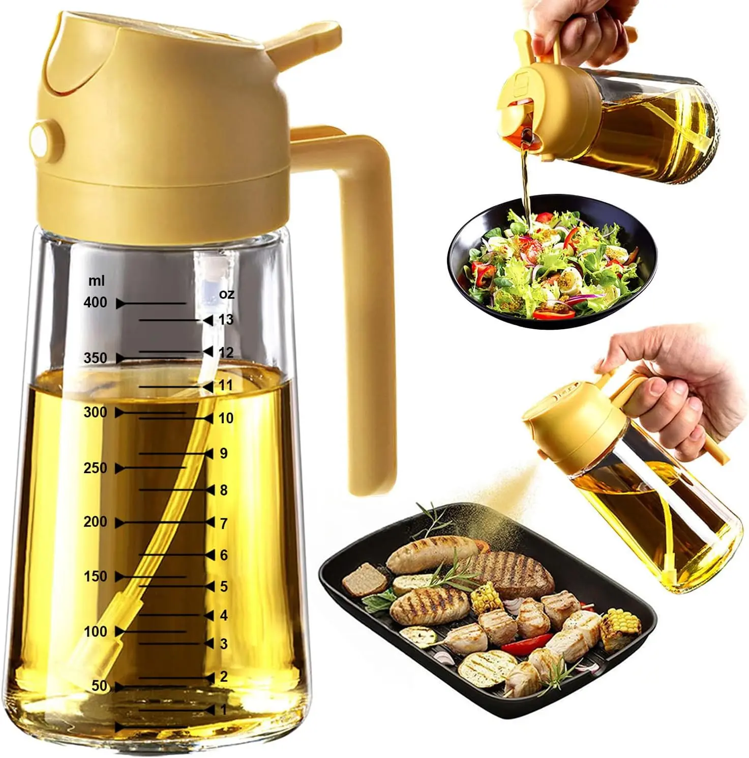 CXINYI 16oz/470ml BPA-Free & Safe PP Glass Oil Sprayer Dispenser, 2-in-1 Heat-Resistant 0-500ml Oil Mister, Precise Control Kitchen Utensil for Everyday Cooking, Air Fryer Accessories