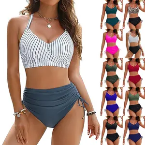 Two-piece swimsuit, women's sexy high-waisted drawstring bikini set