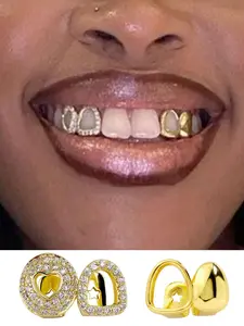 2pcs Top Tooth Caps , Women's Teeth Grillz Set, Tooth Gem, Hollow Heart & Smooth Design, Copper Material, Hip-Hop Fashion Jewelry