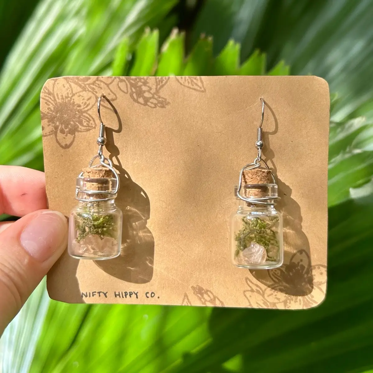 Mini Terrarium Plant Bottle Dangle Earrings // Elegant Real Plant Jewelry // Festival Ren Faire Accessories