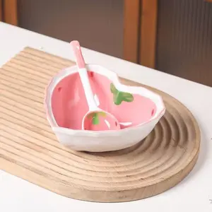 Everyday Cute Strawberry Heart Ceramic Bowl & Spoon Set Adorable Design Tableware for Kitchen Dining Versatile Use for Snacks Desserts Small Portions