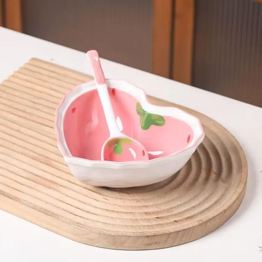 1-Bowl + 1-Spoon Strawberry Heart Ceramic Set, Cute Cutlery & Utensils for Sports & Outdoor Dining Table Desserts, Versatile Kitchen Tableware