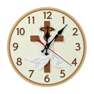Christian Cross Wood Classic Silent Wall Clock - Non-Ticking Religious Design, Battery Not Included, Assembly Required, Ideal for Churches, Room Decor